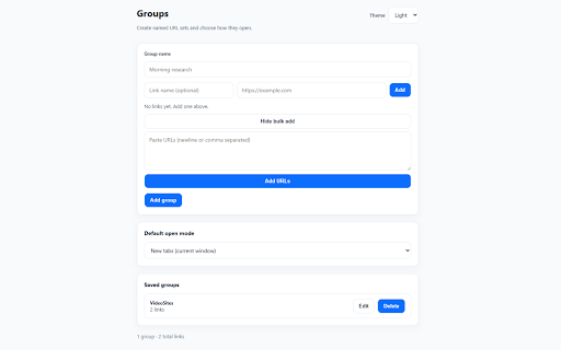 Group Tabs :: Create named groups of URLs and open them in a click (window, tabs, or tab group).