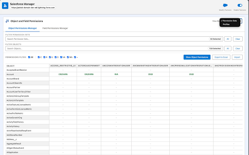 Salesforce Manager :: Compare Salesforce Permission Sets and Profiles across object & field permissions in a visual matrix. Excel import/export.