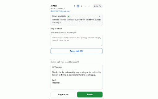 Drafto — AI email replies for Gmail :: AI side panel in Gmail: write, summarise, and refine email replies in your own voice — in 30+ languages.