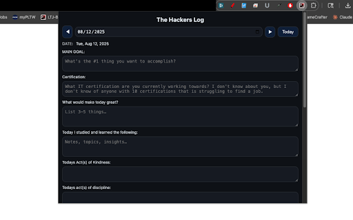 The Hackers Log :: A simple, private daily journal. Save entries per day and review your history.