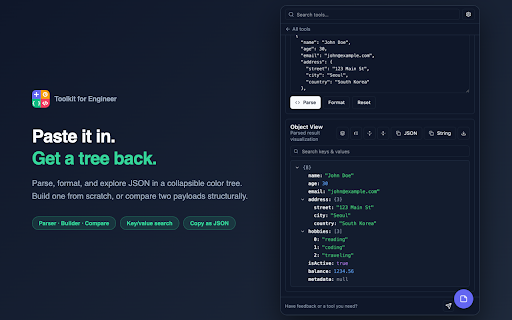Toolkit for Engineer :: 22 developer tools in one side panel — JSON, timestamps, JWT, regex, diff, hashes, images. No tab switching, no uploads.