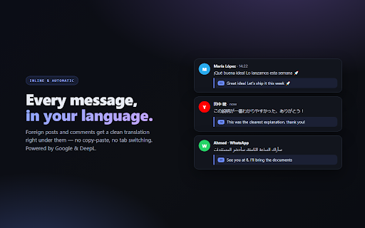 Social Translator :: Translate messages, posts and comments on social media inline, in real time. DeepL & Google engines, 90+ languages.