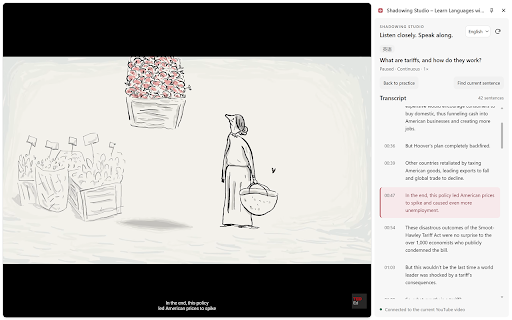 Shadowing Studio – Learn Languages with YouTube :: Learn languages with YouTube captions: sentence and chunk practice, looping, speed controls, and local subtitle export.