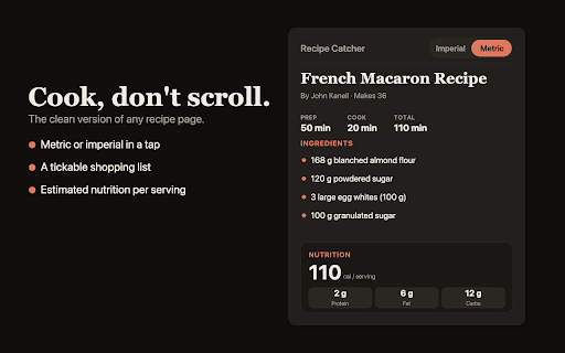 Recipe Catcher :: Grab just the ingredients and instructions from any recipe page — no ads, no pop-ups. Clean, printable, metric or imperial.