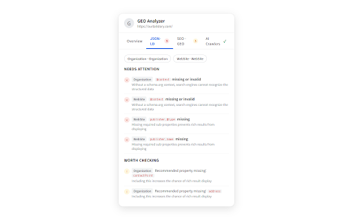 GEO Analyzer :: JSON-LD 구조화 데이터 + GEO(Generative Engine Optimization) 분석기. Google Rich Results & AI 검색엔진 최적화.