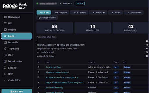 Panda SEO - Audit SEO & GEO :: Audit SEO, GEO & CRO en 1 clic. Scores, Hn, images, liens, mots-cles, lisibilite, operateurs Google et 80+ outils SEO.