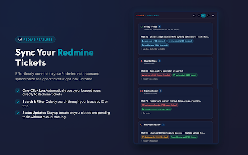 RedLab :: Redmine time tracking and GitLab merge-request sync. Hours, team leaderboard, ticket status, and local OTP.