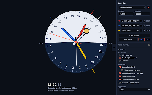 Analogous Clock :: 24-hour analog clock with day/night shading, moon phase, and up to twelve time zones on one dial. Click the icon to open it.