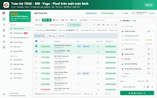 Ads check Pro by Lưu Anh Media :: Quản lý tài khoản quảng cáo Facebook, BM, Page. Tiện ích sử dụng mã Access Token EAAB từ Facebook để hiển thị dữ liệu chi tiết.