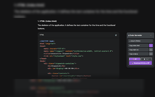 AI Code Harvester for Gemini & ChatGPT :: AI Code Harvester works on Gemini and ChatGPT - copy & download code blocks, jump between files, select what you need, export as ZIP