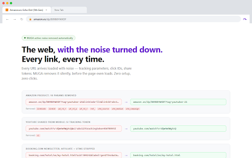 MUGA: The URL denoise extension for the web :: Clean the tracking noise from your URLs without breaking them. No analytics, no telemetry. Open source.