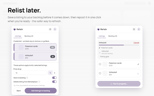 Relistr: Relist on Facebook Marketplace :: Relist Facebook Marketplace listings in one click - single, bulk, or from your backlog. Keeps photos, price, shipping & details.