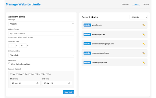 Website Usage Tracker & Limiter :: Track website usage and set time limits to enhance productivity and reduce digital distractions