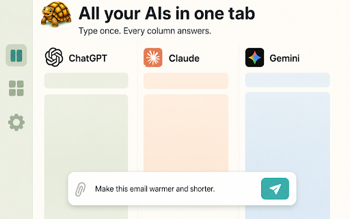 tata — Multi AI Chat Side by Side Compare Prompt, Split View Sidebar Boards :: Send one prompt to official AI chat sites. Compare real answers side by side in workbench, board or sidebar split view. No API keys.