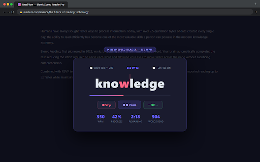 ReadFlow - Bionic Speed Reader Pro :: Read 2-3x faster: Bionic Reading, RSVP Speed Reader, Read Aloud, Reader Mode, focus tools, highlights and reading goals.