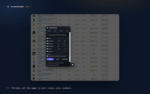 SourceHawk Scout: Eligibility Checker :: SellerAmp SAS overlay: per-product eligibility badges, live storefront filters, and a bulk ASIN eligibility checker.
