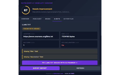 Outranker AI Visibility Checker :: Analyze how visible your content is to AI-powered search. Scores for structured data, promptability & clarity.