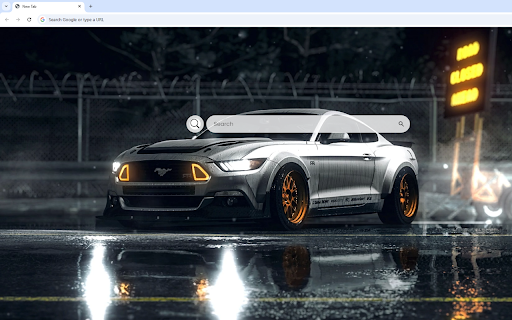 Ford Mustang GT Live Wallpaper :: A white Mustang with orange rims in a snowy scene, paired with quick shortcuts.