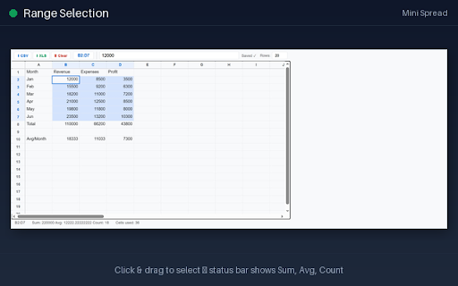 Mini Spread :: Lightweight spreadsheet in your browser. Formulas, range select, CSV/XLS export, Google Drive save. No server, no tracking.