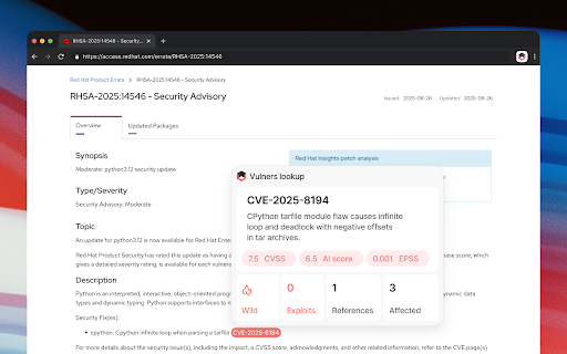 Vulners Lookup :: Automatically detect and highlight CVE IDs on web pages with vulnerability information from Vulners.com
