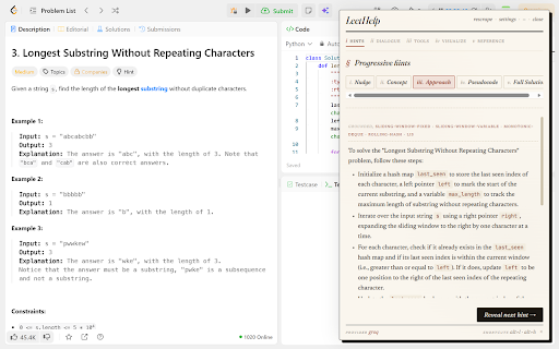 LeetHelp :: Progressive hints for LeetCode, Codeforces, HackerRank, AtCoder and CodeChef. Code rating and a 100-pattern DSA reference.