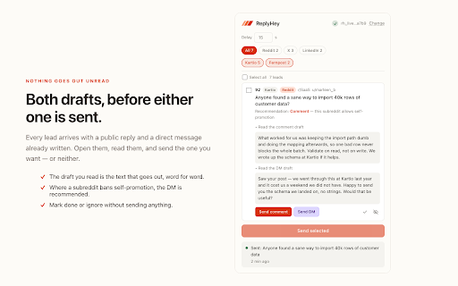 ReplyHey Autopilot :: Posts your approved ReplyHey drafts from your own Reddit, X and LinkedIn accounts, in your own browser.