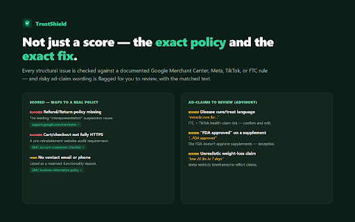 TrustShield — Ad Suspension Risk Audit :: Audit your store for the trust-signal gaps that get Google/Meta/TikTok ad accounts suspended — see what to fix first. 100% local.