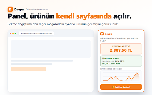Fiyat Karşılaştırma Eklentisi — Daypu :: "İndirim" gerçek mi? Trendyol, Hepsiburada ve Amazon'da ürünün fiyat geçmişini ve diğer mağazadaki fiyatını sayfada gösterir.