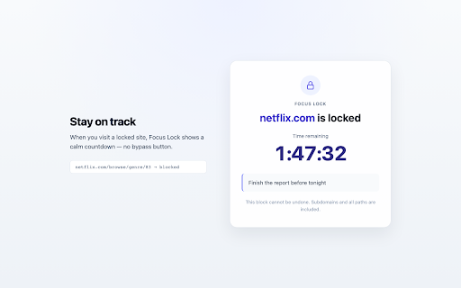 Focus Lock :: Block distracting websites for a fixed time with no early undo.