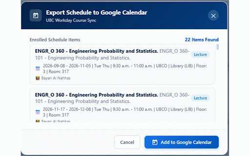 UBC Workday Calendar :: Automatically export your UBC Workday course schedule to Google Calendar with one click.