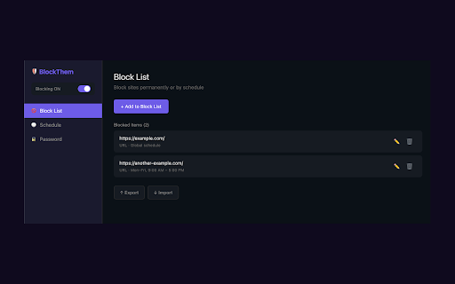 BlockThem :: Block distracting websites with URL/regex rules and scheduling