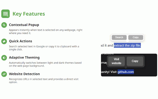 Search Popup :: Displays a smart popup when you select text on any webpage: search, copy, convert, copy to clipboard, open URLs.