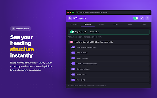 SEO Page Inspector — Meta Tags, Headings & Schema Audit :: On-page SEO audit in one click: title, meta, headings, canonical, hreflang, Open Graph and schema. No account, no telemetry.