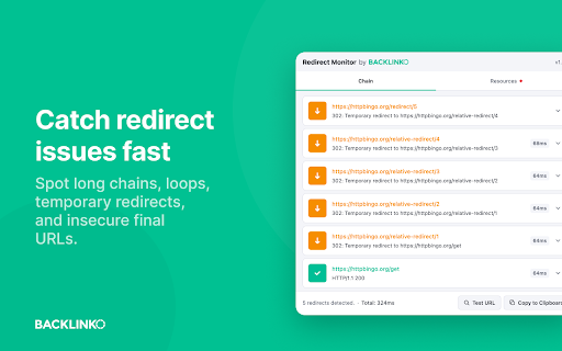 Redirect Monitor by Backlinko :: Monitor and audit URL redirect chains with detailed timing, headers, and SEO insights.