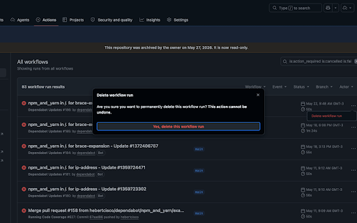 Action Purge :: Bulk delete GitHub Actions workflow runs by scraping the repository Actions page and clicking through the UI.