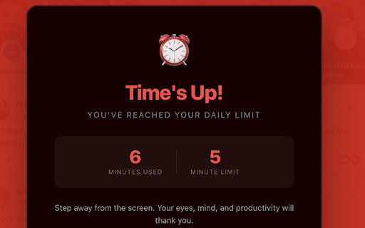 Social Media Time Limiter :: Track and limit time on Facebook & Instagram. Get notified and see a red overlay when your limit is reached.