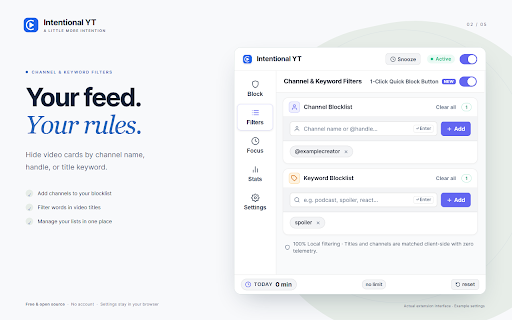 Intentional YT - Block YouTube Shorts, Recommendations & Set Time Limits :: Hide YouTube Shorts and recommendations, set daily watch time limits, and block distracting channels.
