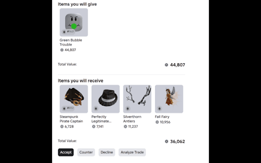 RoBud - Roblox Trade Helper :: Adds an 'Analyze Trade' button to Roblox trade details on the trades page.