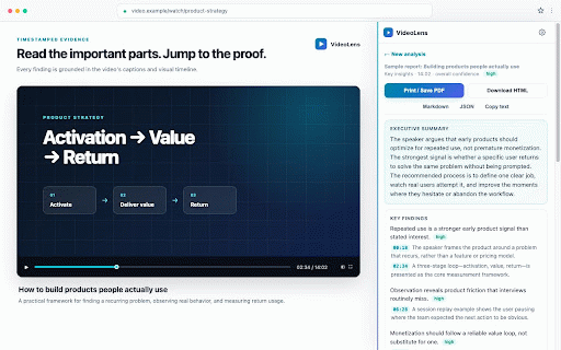VideoLens — YouTube Video Summaries :: Turn YouTube videos and local files into timestamped reports in your language. Private BYOK mode plus optional Pro.