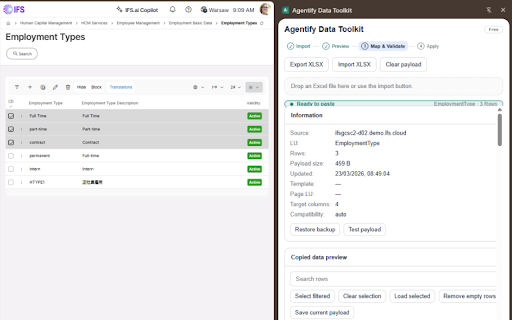Agentify - IFS Cloud Excel Import :: Agentify extension for row copy, paste, mapping and validation in IFS Cloud.