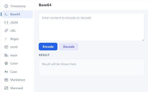 Developer Toolbox :: Developer toolkit: Timestamp, Base64, JSON, URL, Regex, UUID, Hash, Color, Markdown, Mermaid, Code Extractor & more. Offline.