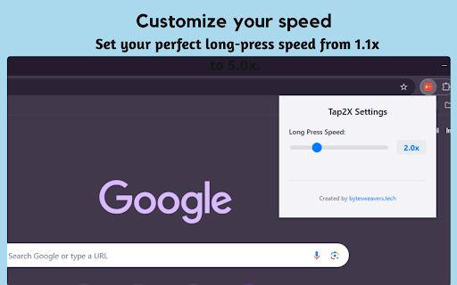 Tap2X – Long Press Video Speed Controller :: Long touch to increase video speed to a custom rate on any video player. Created by bytesweavers.tech.