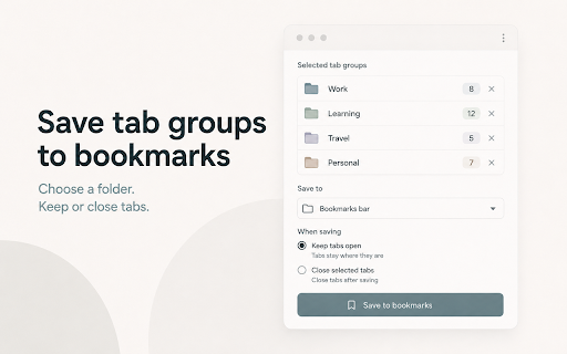 Tab Group Exporter :: Export selected Chrome tab groups as HTML, JSON, or CSV, save them to bookmarks, and import them back when needed