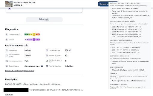 Vasistas :: Analyse locale d’une fiche de vente : prix au m², frais d’acquisition, DPE, ventes du secteur.