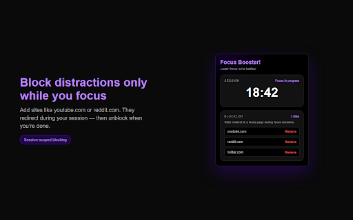 Focus Booster :: Run Pomodoro focus sessions and block distracting sites only while you work.