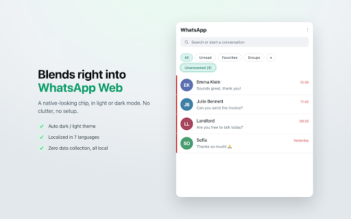 Unanswered for WhatsApp Web :: Instantly filter WhatsApp Web chats still waiting for your reply. Not affiliated with WhatsApp Inc.