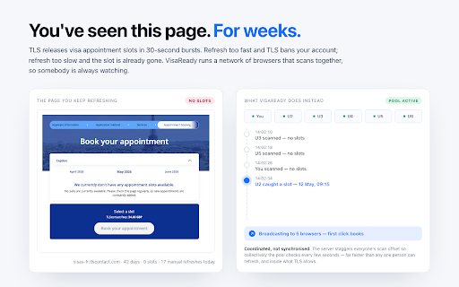 VisaReady: Auto-Book Your TLSContact Visa Appointment :: Auto-books your TLSContact visa appointment the moment a slot opens. Free to install. Pay only when we book.