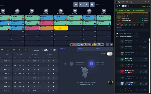 Signals Draft Overlay :: Your Signals draft board, live beside your Sleeper, ESPN, CBS, Fleaflicker or Yahoo draft room — picks strike off as they happen.