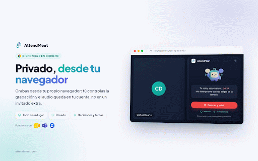 AttendMeet — Inteligencia de reuniones :: Graba tus reuniones de Meet, Teams y Zoom sin invitar a un bot. Transcripción, decisiones y tareas en un panel.
