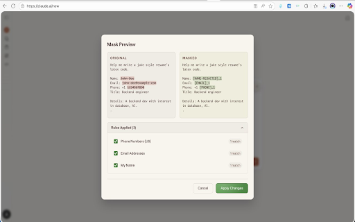 Maskeraid – Detect & Mask data before sending to LLMs :: Maskeraid - Detect, mask and sanitize your data before sending to LLMs by applying custom string/regex replacement rules